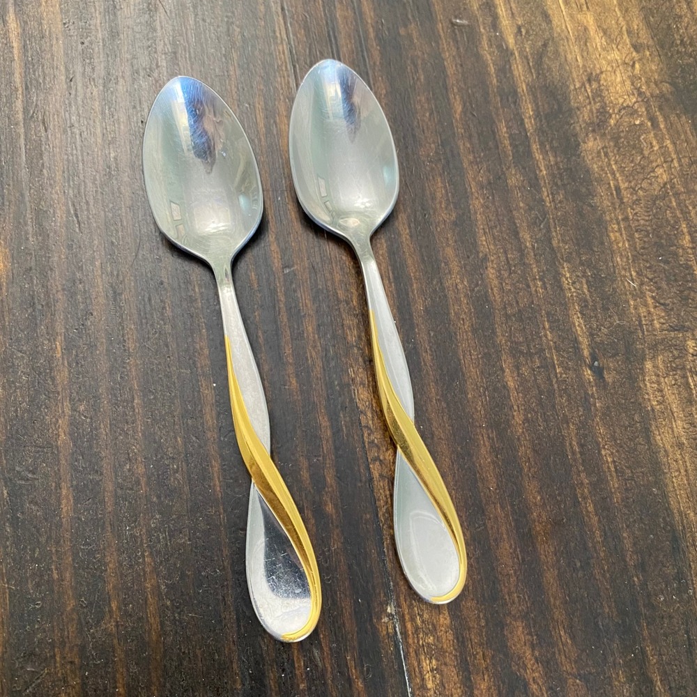 Oneida USA Golden Aquarius Stainless Gold Ribbon Swirl Teaspoons Set of 2 6in